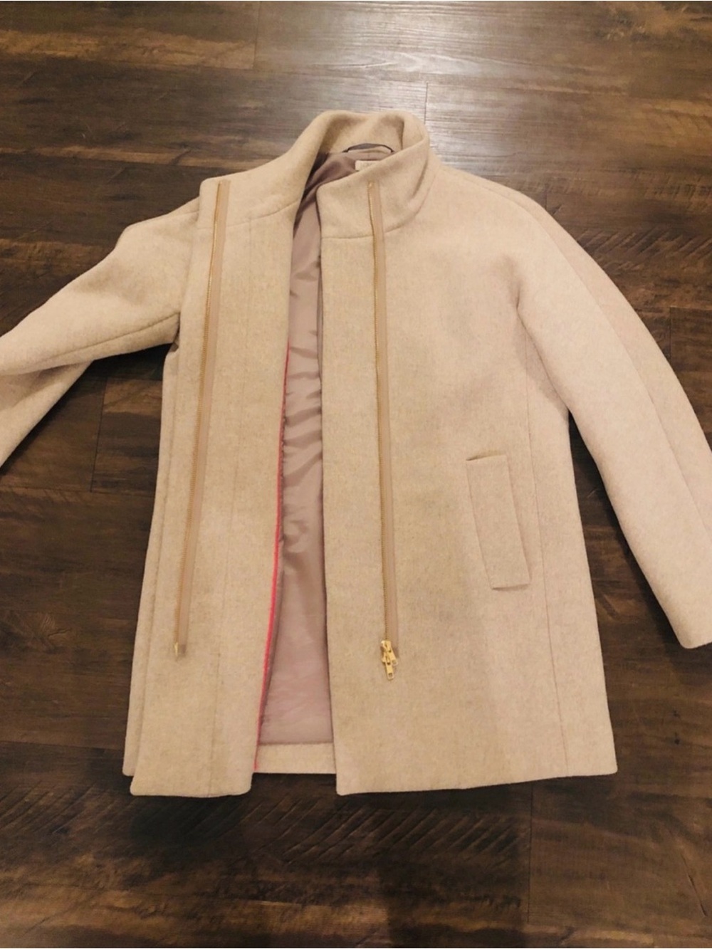 J.Crew Tan Beige Stand Collar Wool Blend Mid Length City Coat Women size 6 - Picture 4 of 14
